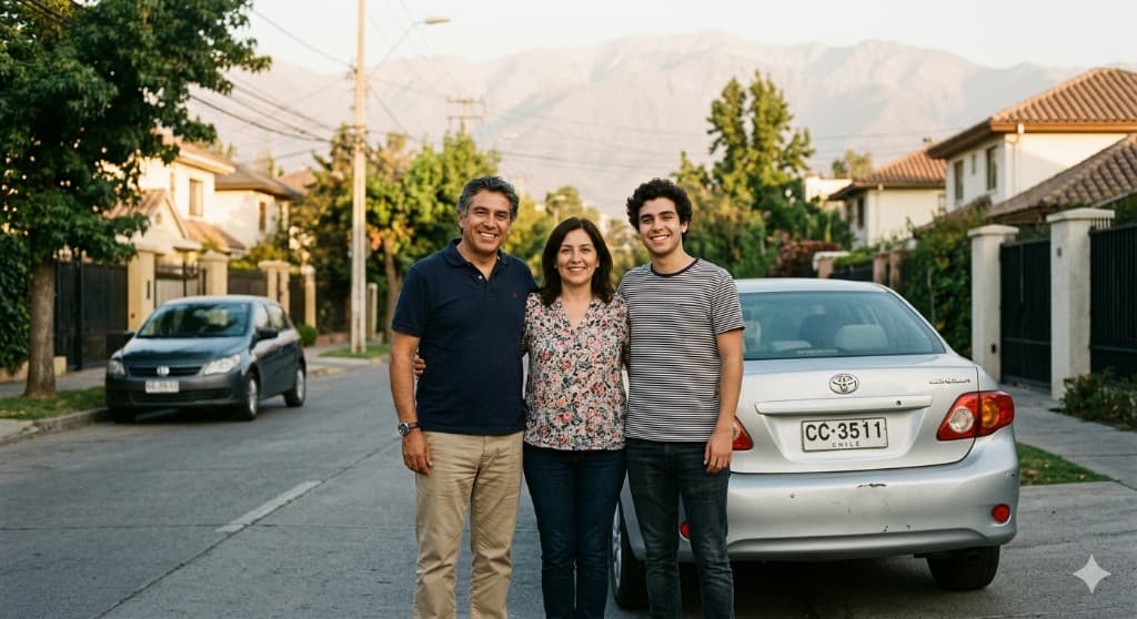 Familia chilena junto a su auto en Santiago
